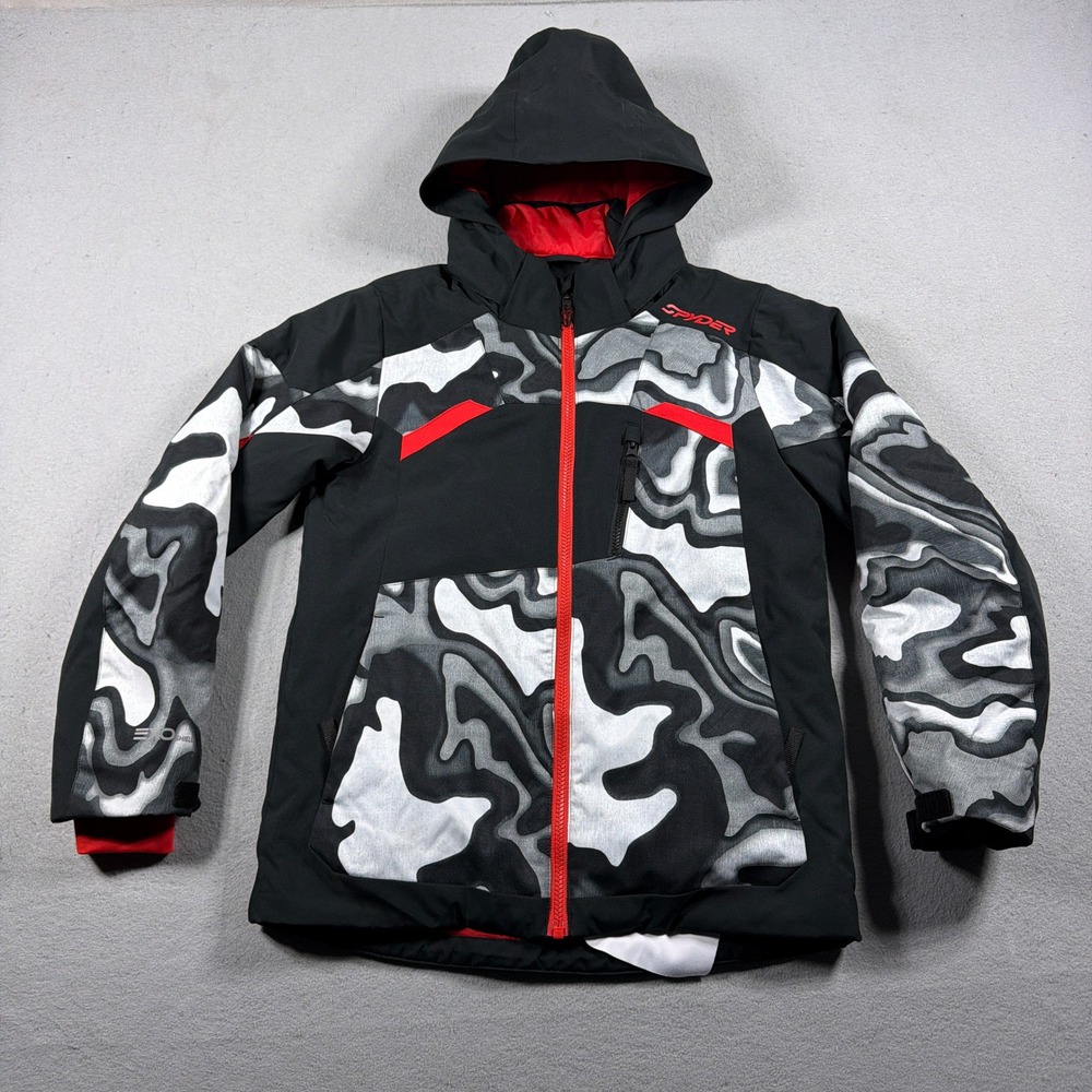 Spyder Exo Shield Ski Jacket Boys Size 14 Hooded Camo Black Red White Winter